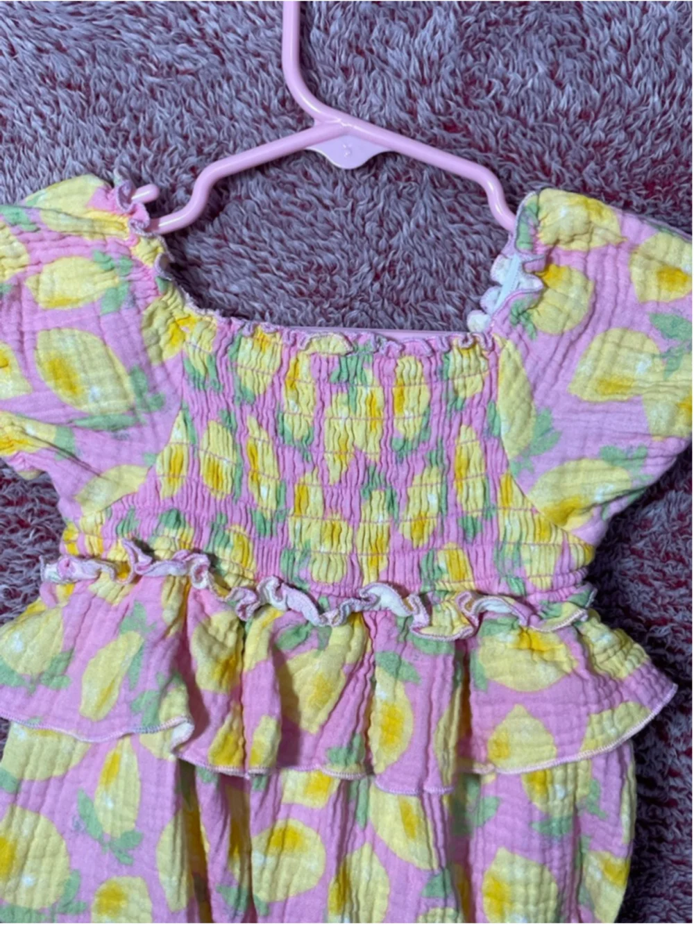 Baby Essentials 9 months pink lemonade ruffle bubble romper